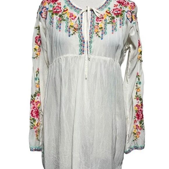 Johnny Was Sheer Floral Embroidered Boho Long Sleeve Tunic Blouse Small - Picture 1 of 7